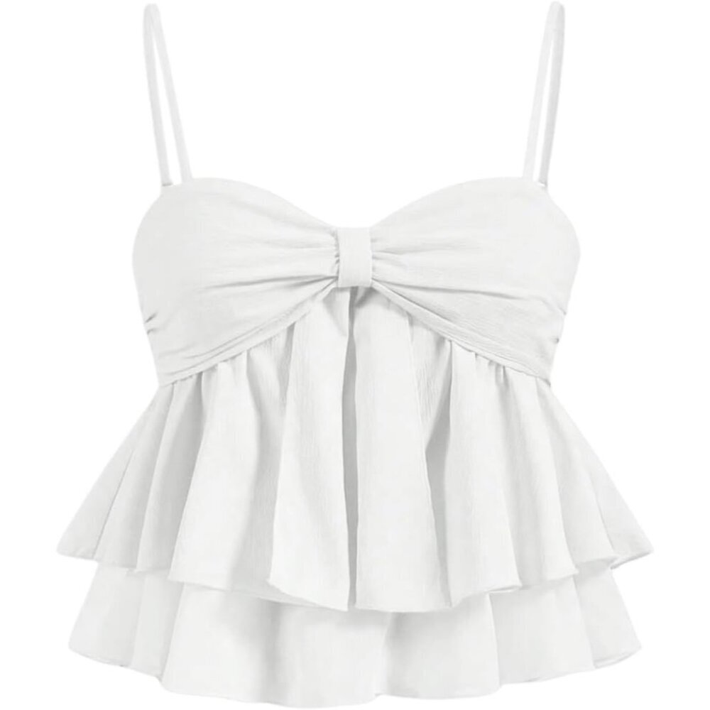 Women's Bow Ruched Bust Tiered Ruffled Smocked Peplum Cami Top